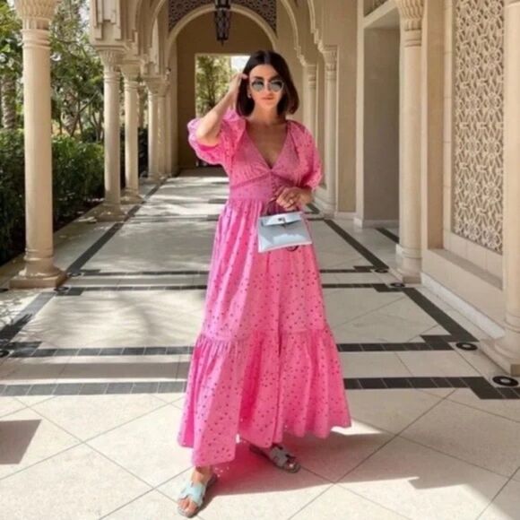 ZARA OPENWORK EMBROIDERED DRESS EYELET PINK NEW Barbiecore Barbie Core - Picture 6 of 7